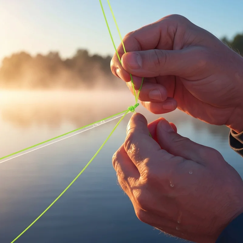 Close-up of hands demonstrating how to tie leader to braid during a morning fishing trip.