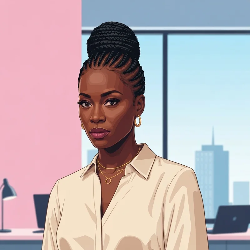 A professional woman showcasing a simple braid updo black hair style in a modern office environment.