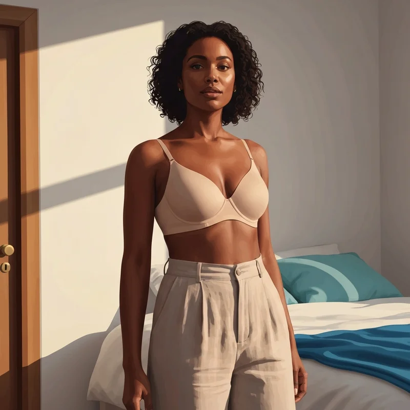 A young woman enjoying the comfort of her aerie sunnie bra in a sunlit room.