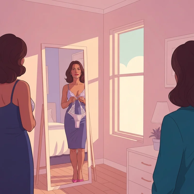 A confident woman holding a high-quality macys bra in a bright, modern dressing room.