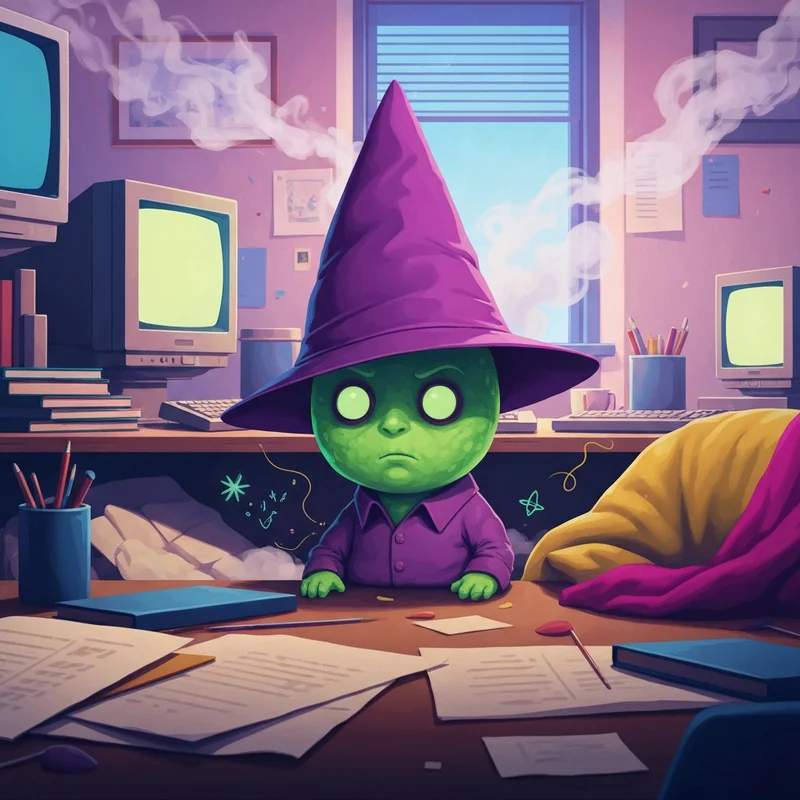 A small green creature speaking wingon smiling friends in a detailed digital office setting.