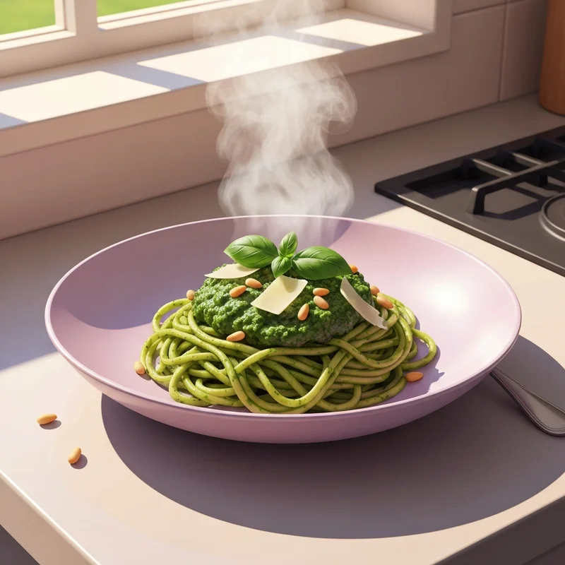 A gourmet bowl of keto friendly noodles topped with fresh pesto, pine nuts, and parmesan cheese.