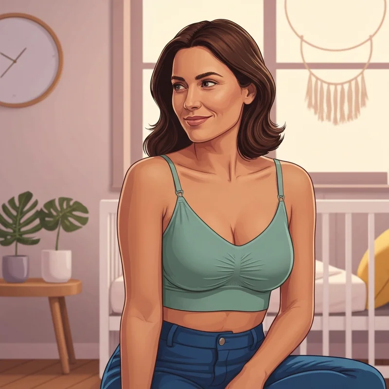 A woman wearing a comfortable breastfeeding bra target in a sunny nursery.