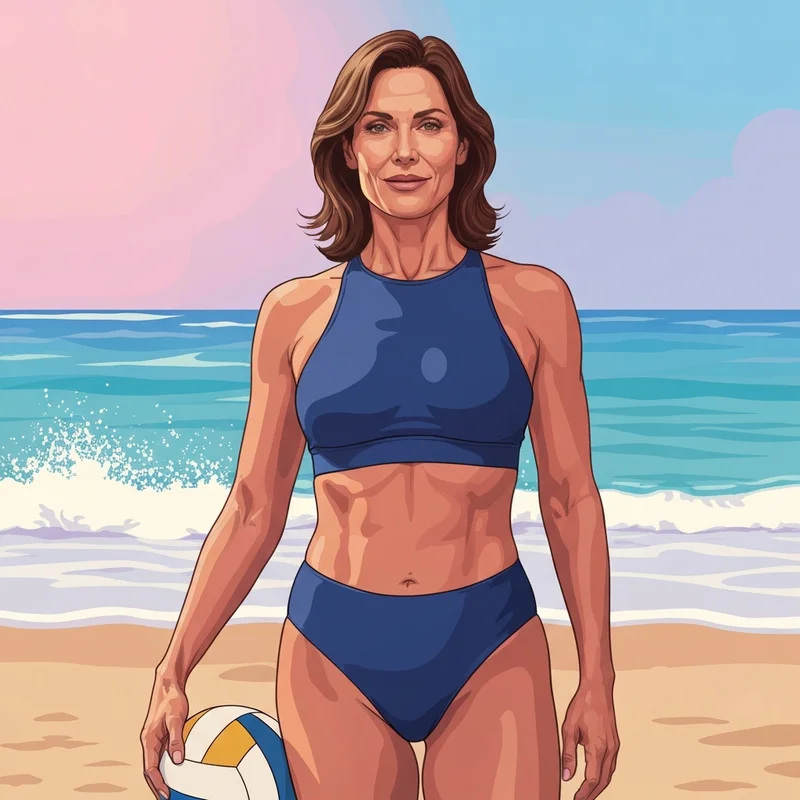 An athletic woman wearing a supportive and stylish sports bra swimsuit on a tropical beach.