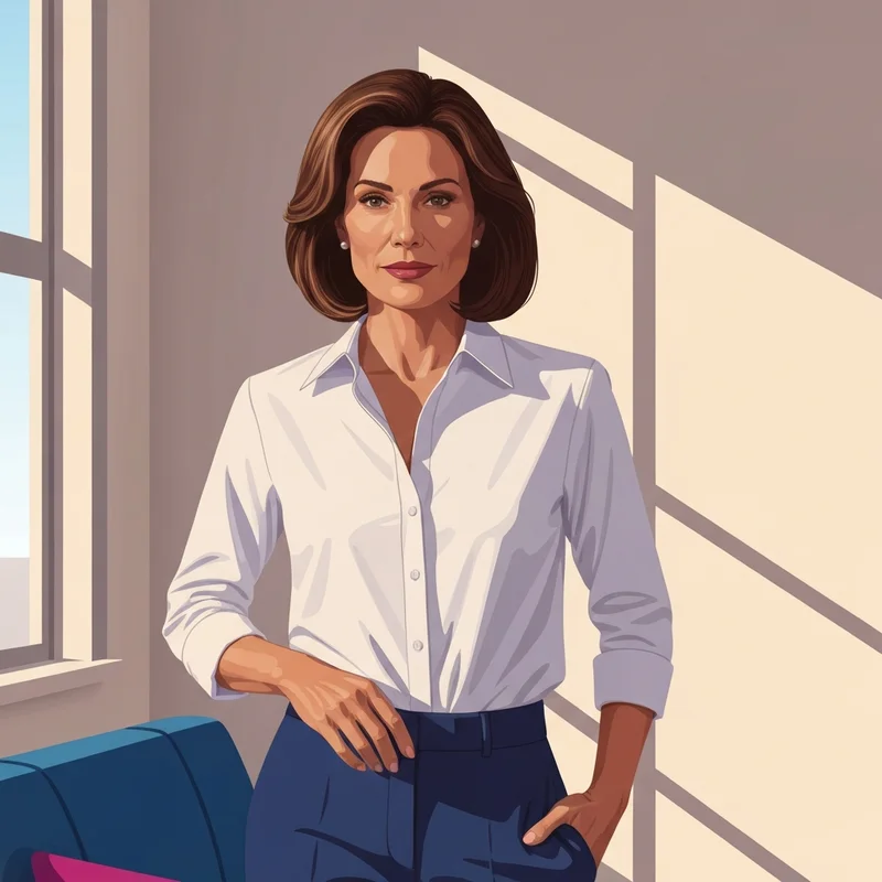 A woman wearing an invisible foundation showing what color bra under white shirt works best for a professional look.