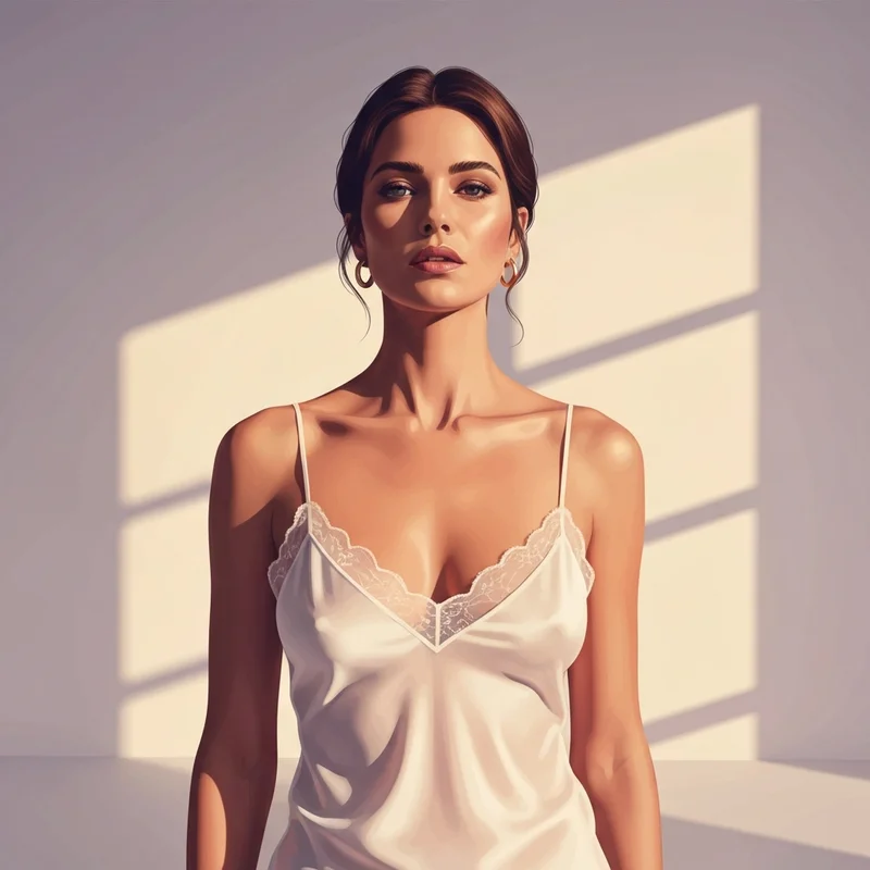 A confident young woman embracing her dainty frame, highlighting the perfect fit of an aaa bra under elegant silk clothing.