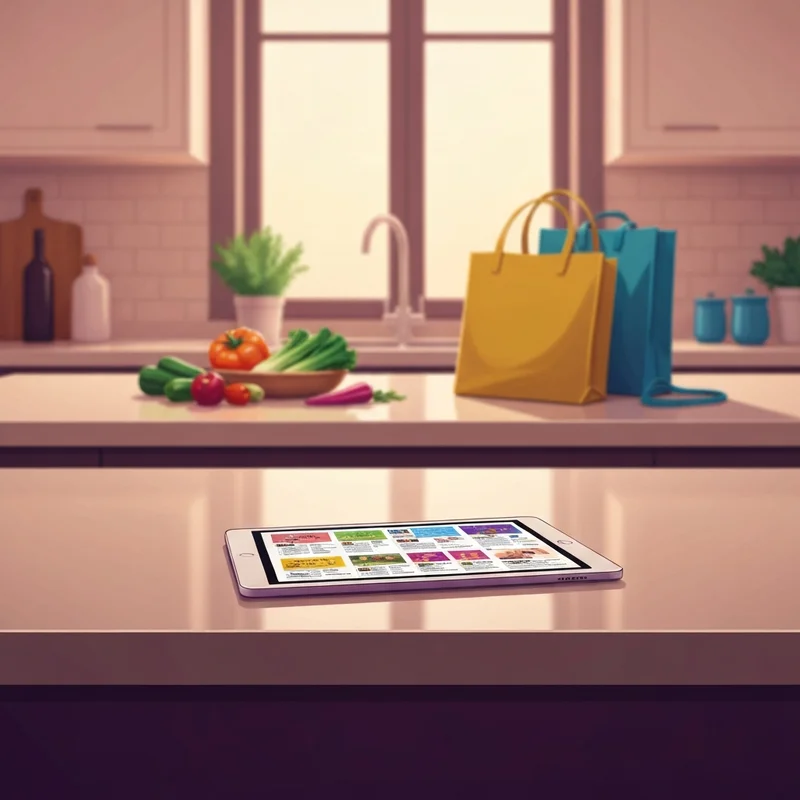 A digital tablet showing the tops friendly markets weekly flyer on a clean kitchen counter.