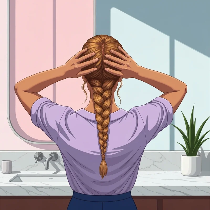 A young woman practicing how to braid hair for beginners in a bright, modern bathroom setting.