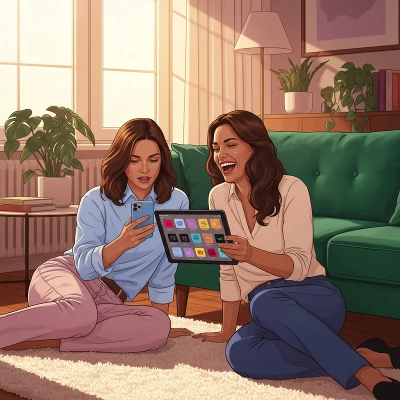 Two best friends exploring creative things to do with your friend at home using digital tablets and phones in a cozy living room.