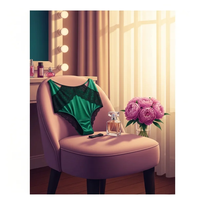 A luxury emerald green and black lace sexy bra panty set laid out on a velvet chair as part of a morning self-care ritual.