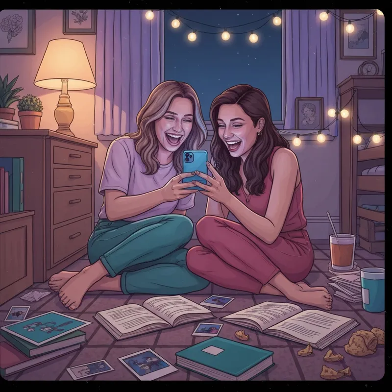 Two young women sharing a moment of laughter while searching for best friend friendship poems on a smartphone in a cozy room.