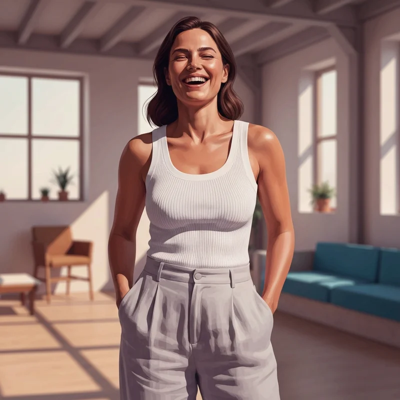 A confident young woman embracing the no bra on boobs lifestyle in a sunlit room.