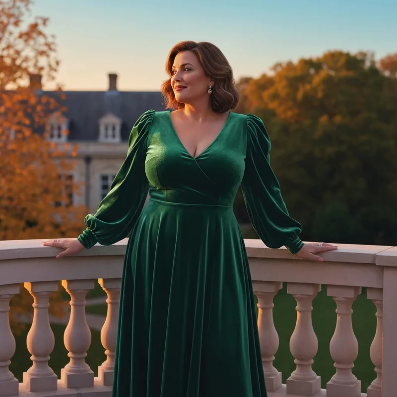 A woman wearing one of the best long sleeve wedding guest dresses plus size for a formal autumn wedding.
