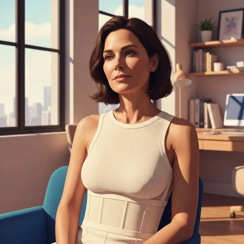 A woman styling a minimalist white tank top with bra for a professional yet comfortable work-from-home look.