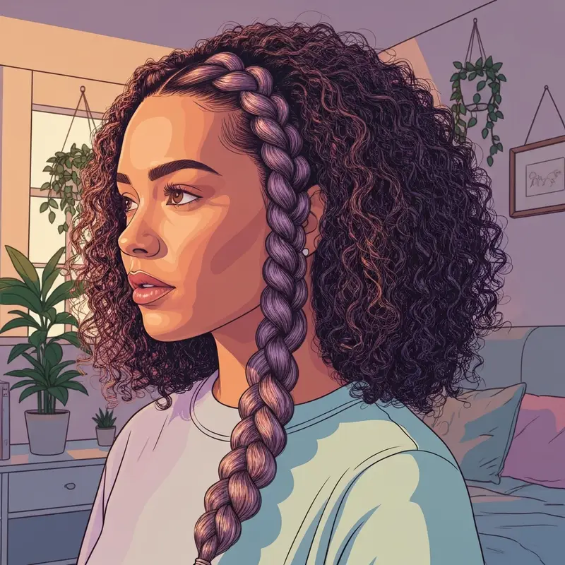 Close-up of a detailed curly hair with a braid style showing high-definition natural texture.