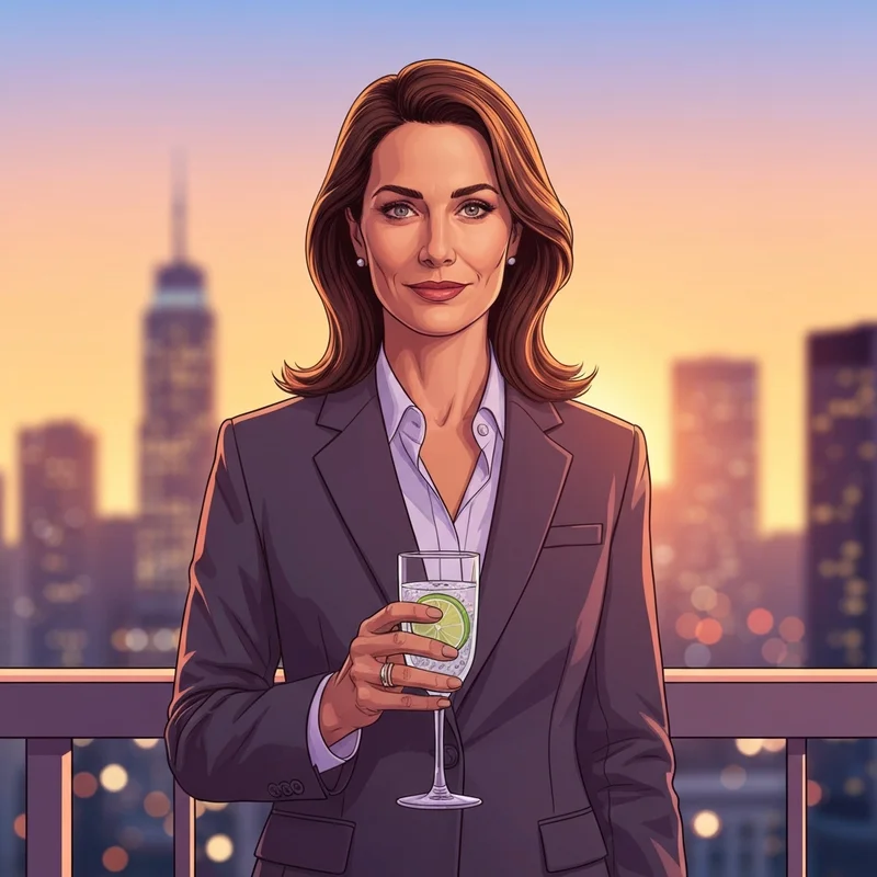 A professional woman enjoying a sober moment, representing the friend of bill meaning in a modern social setting.