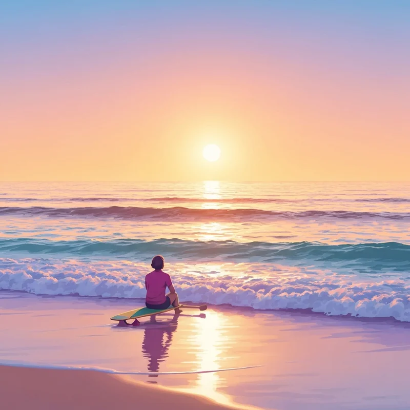 A peaceful sunset scene featuring friendly waves and a calm surfer in a state of flow.