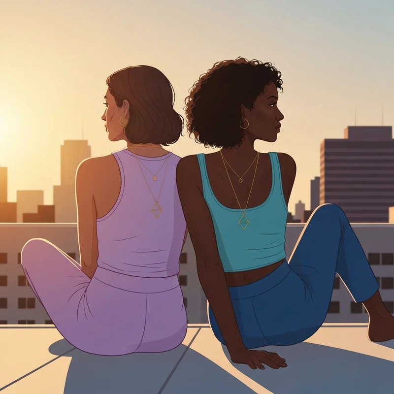 Two best friends on a rooftop wearing a minimalist best friend symbol necklace