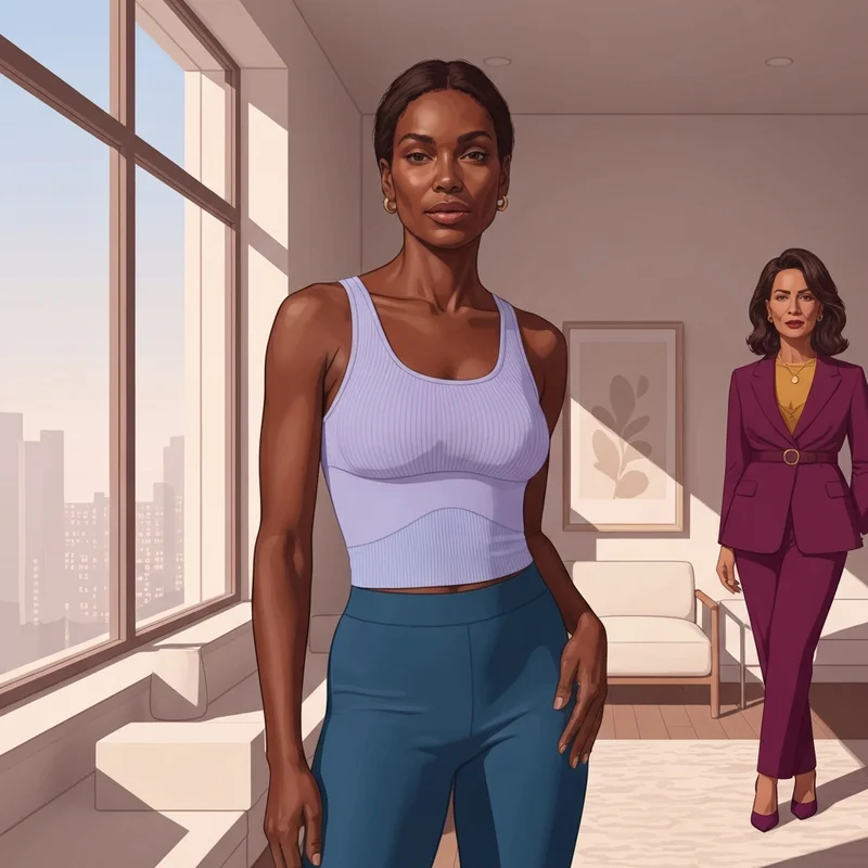 A confident woman wearing supportive built in bra tanks in a modern home setting.