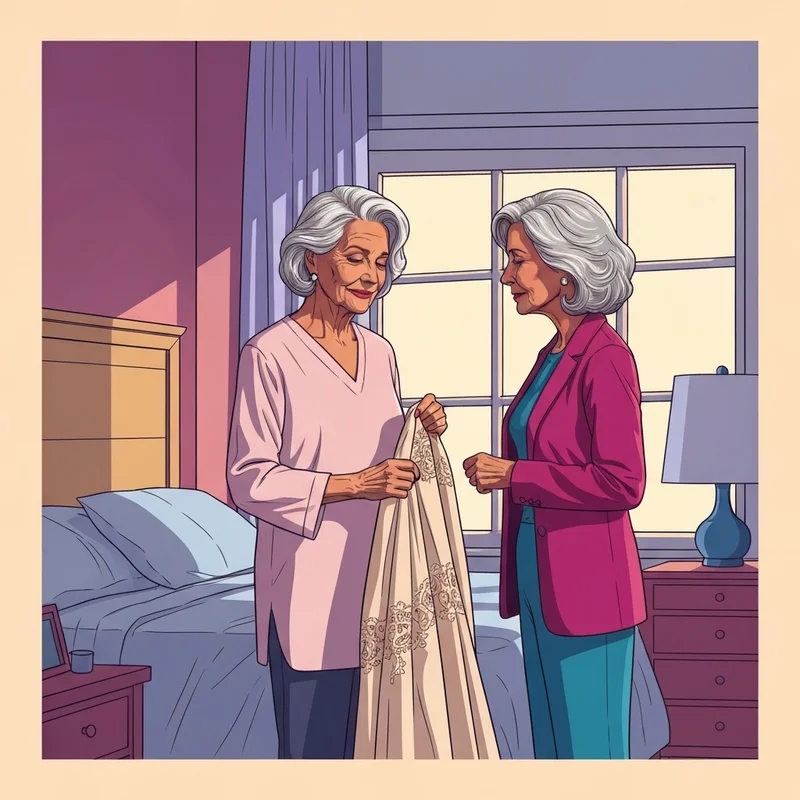 A graceful woman holding a high-quality bra for older ladies in a sunlit room.