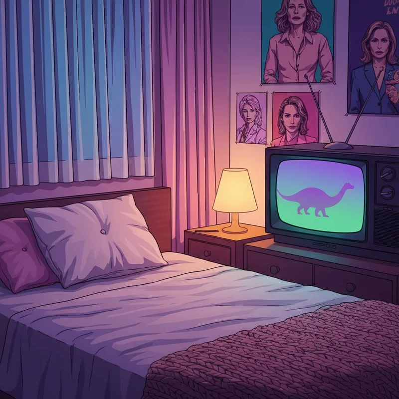 A nostalgic room setup featuring barney and friends season 11 on a screen for emotional comfort.