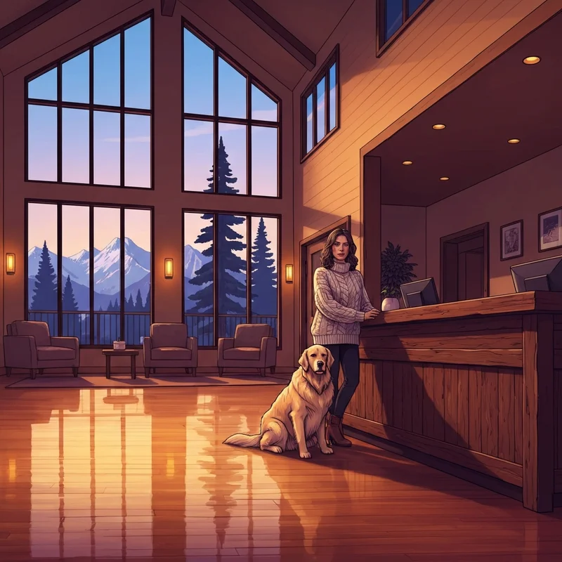 A traveler checking into one of the best flagstaff pet friendly hotels with her large dog in a cozy mountain lobby.