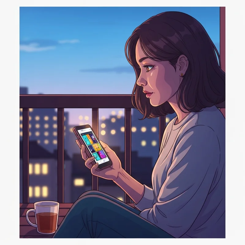 A young woman reading the childhood friend complex manhwa on her phone at night.