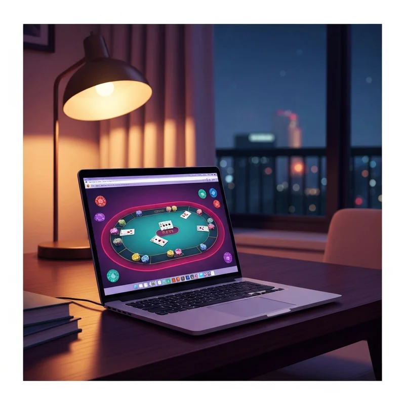 A digital laptop screen showing a game of friends poker in a cozy modern apartment at night.