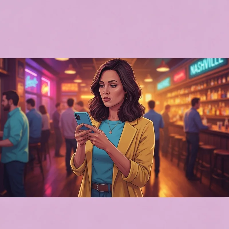 A woman processing social anxiety at a bar, reflecting on the themes of All My Friends Say Luke Bryan.