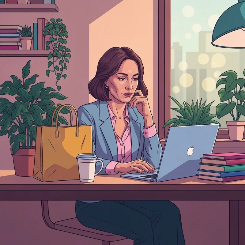 A young professional woman researching an economically friendly synonym for her sustainable lifestyle.