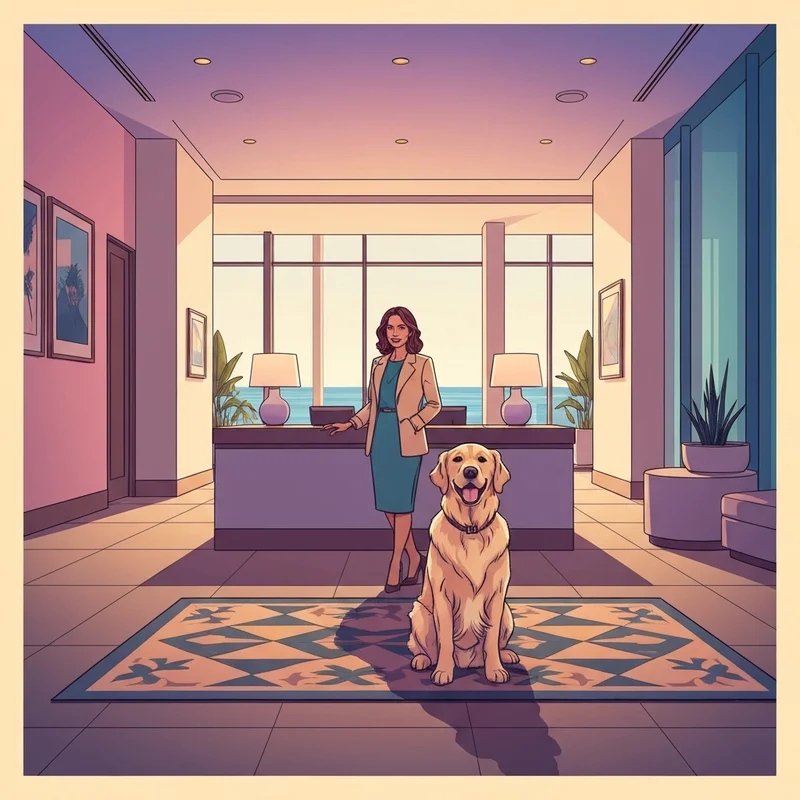 A woman and her dog checking into one of the many san diego dog friendly hotels with a view of the ocean.