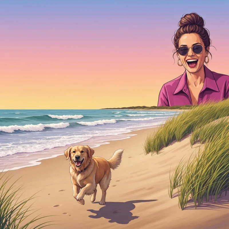 A happy dog playing on one of the dog friendly beaches Long Island offers at sunset.