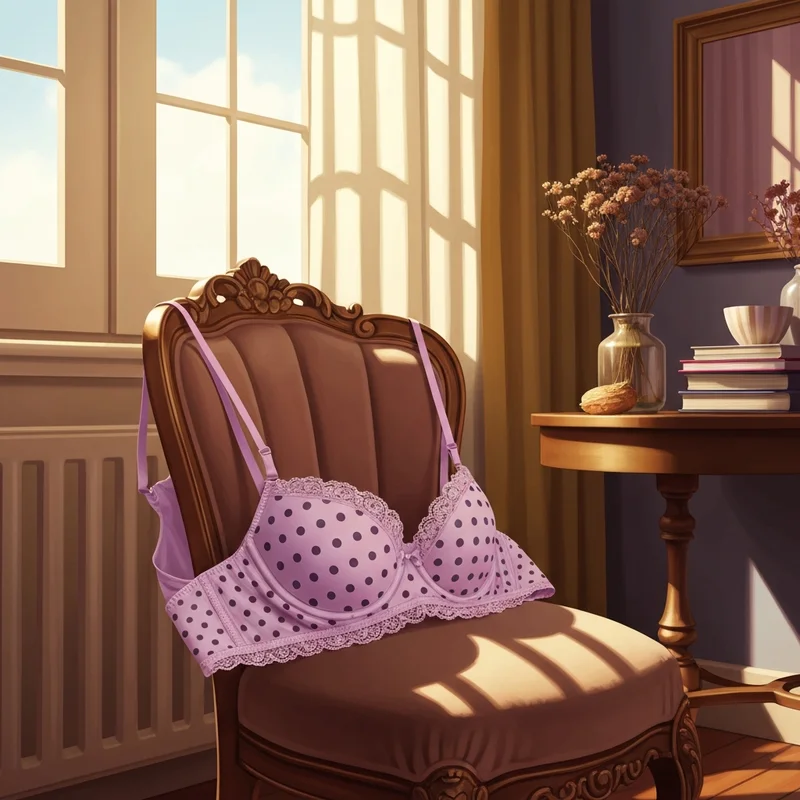 A close-up aesthetic shot of an aerie polka dot bra in a vintage-style sunlit bedroom.