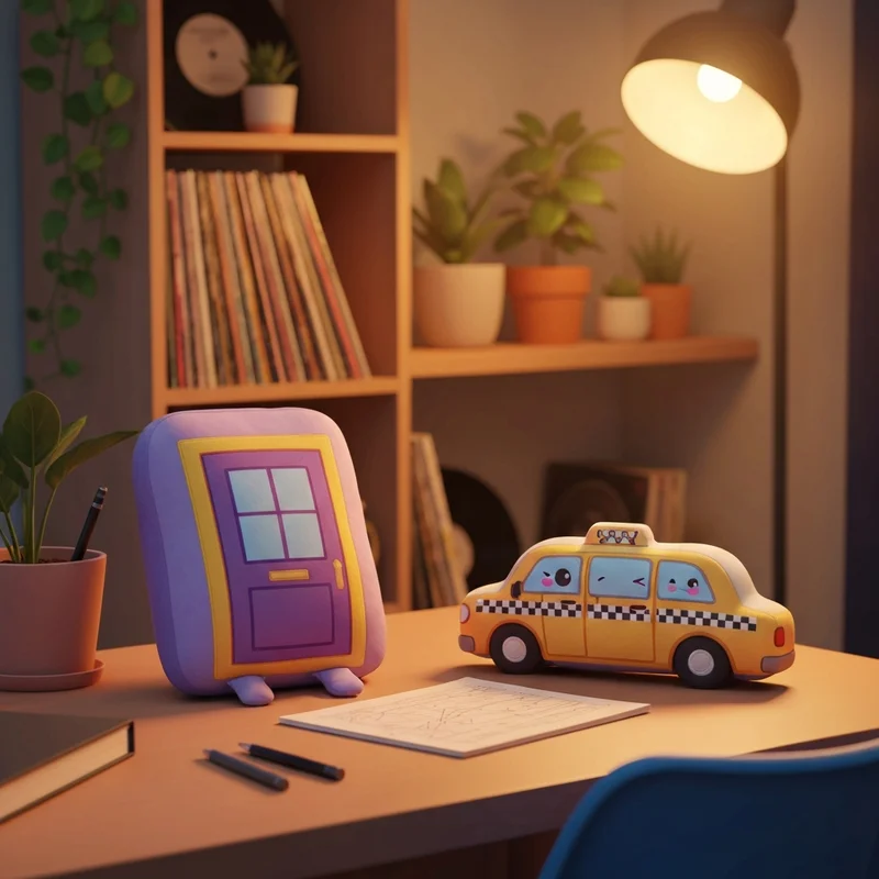 A cozy home office setup featuring the BumBumz Friends plush collection on a wooden desk.