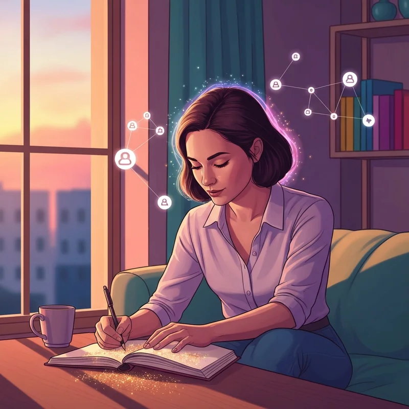 A young woman practicing social alchemy and manifestation to spell friends into her life.