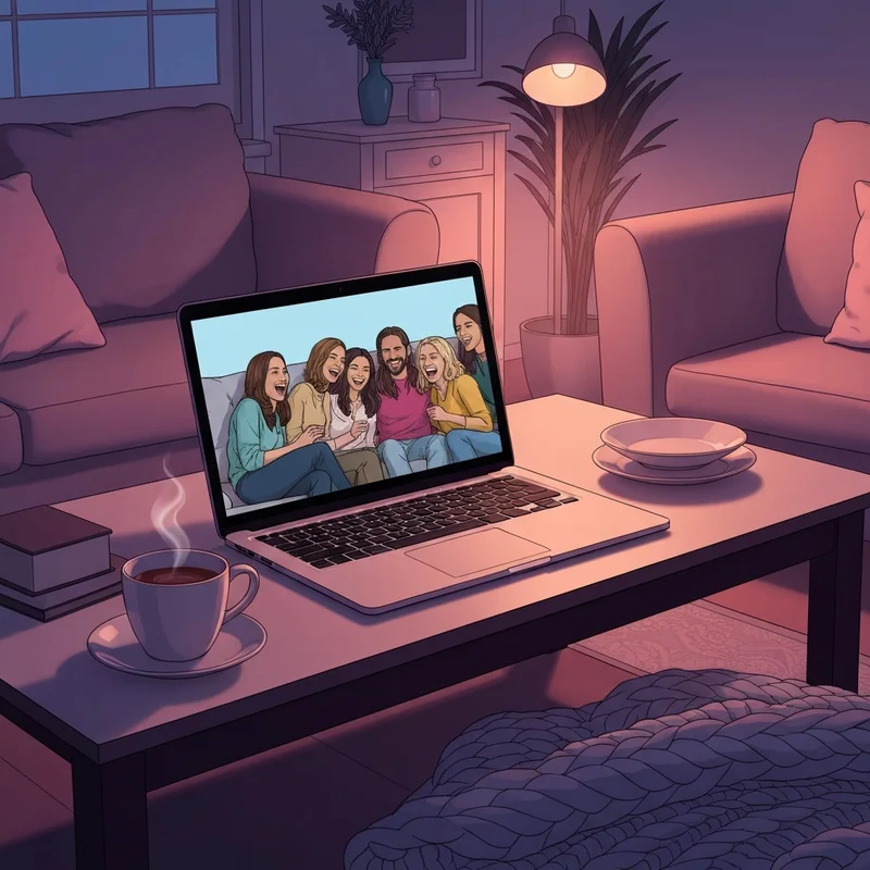 A peaceful living room scene highlighting the comfort of watching bloopers of friends for emotional wellness.