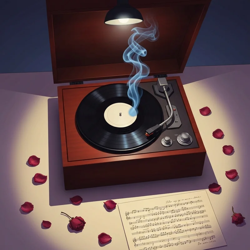 Vintage vinyl record player spinning under a spotlight, representing the mood of the lyrics funeral for a friend.