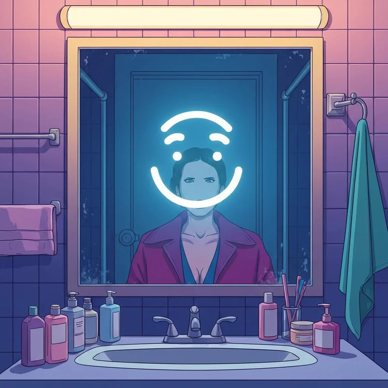 A nostalgic 90s bathroom mirror reflecting the glowing neon teeth of friends white teeth ross.