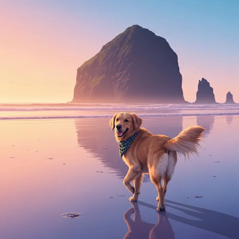 A happy dog enjoying the pet friendly cannon beach shoreline at sunset near Haystack Rock.