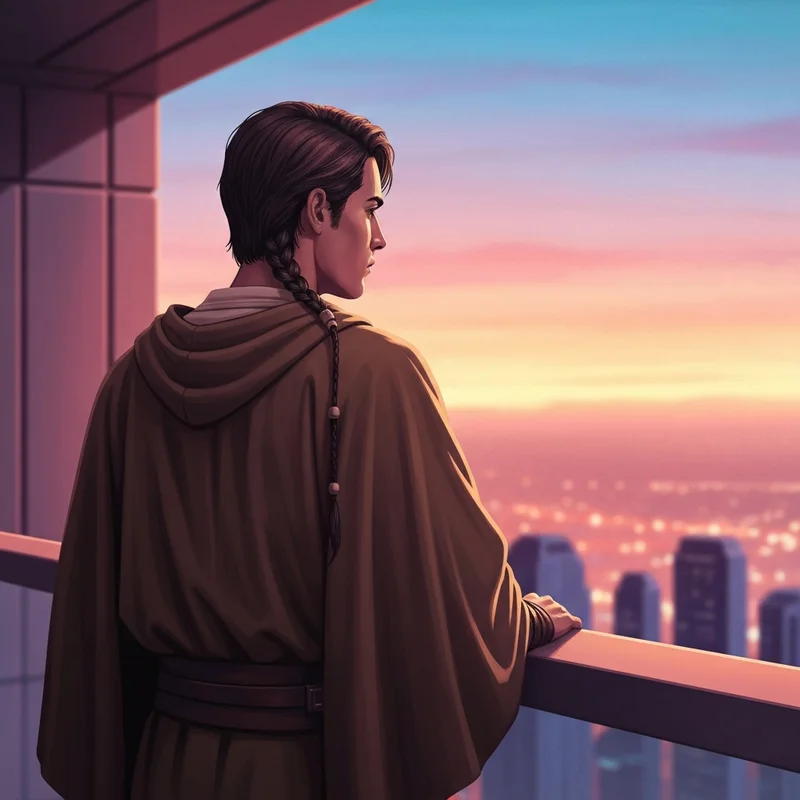 A detailed view of a Jedi apprentice's hair featuring the anakin skywalker padawan braid during a sunset.