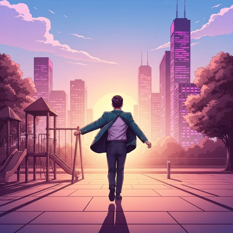 A young adult walking away from a playground toward a city, symbolizing the themes of I Hate That We're Childhood Friends.