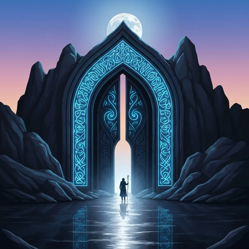 The glowing Doors of Durin featuring the elvish word for friend in ancient script under moonlight.