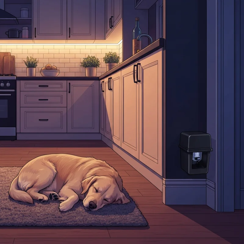 A golden retriever sleeping peacefully near a secure dog friendly mice poison bait station in a modern kitchen.