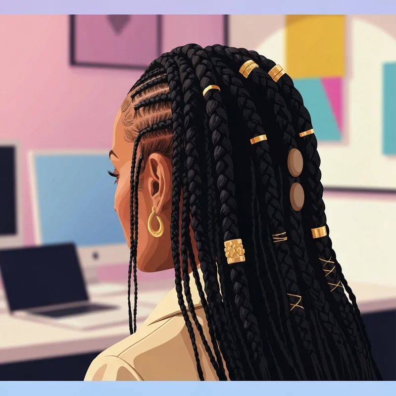 Close-up of elegant braid beads in a sophisticated protective hairstyle.