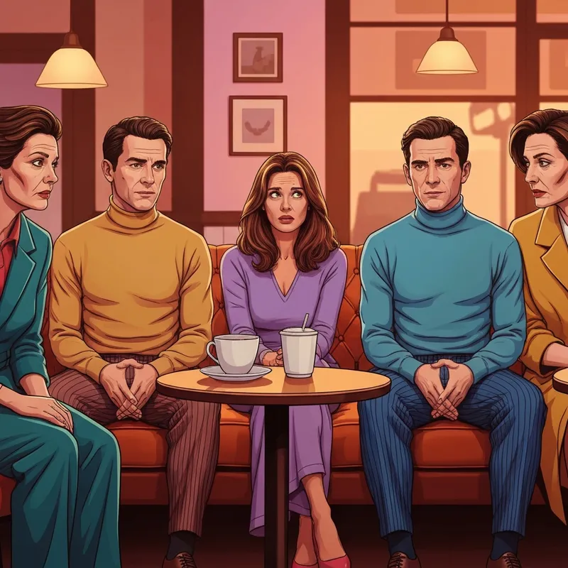 A nostalgic scene of a coffee shop where a woman realizes the man she is dating is a doppelgänger, illustrating the mystery of who is playing russ in friends.