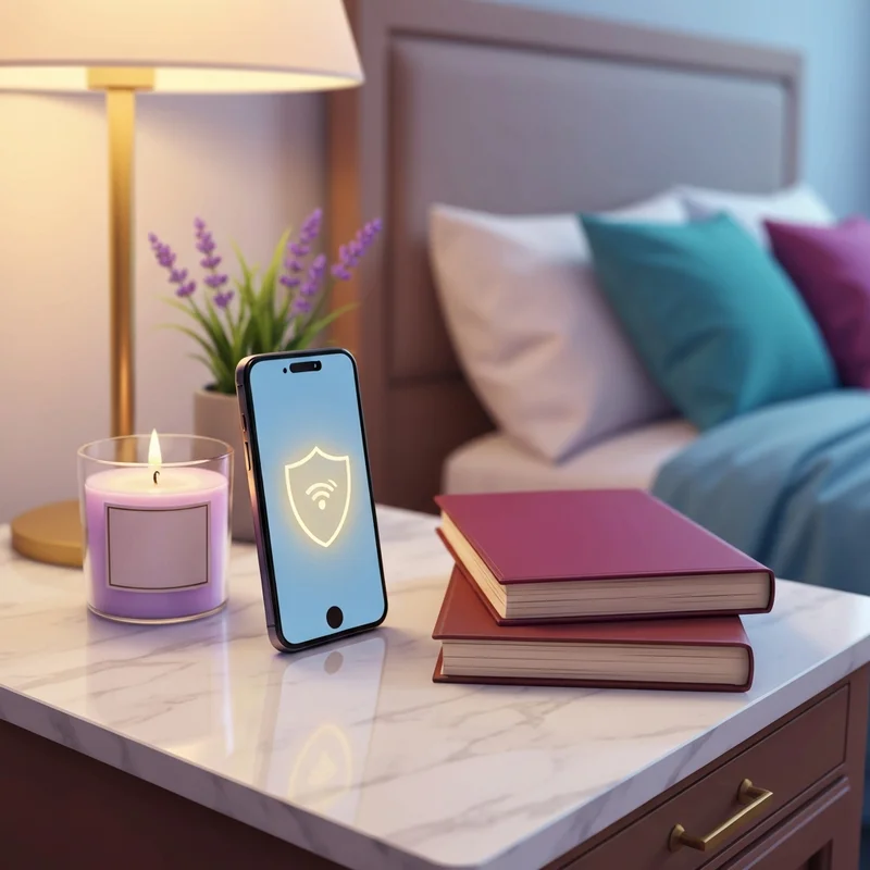 A peaceful digital sanctuary setting showing a smartphone with a privacy shield, illustrating how to block fb friend request for better mental health.