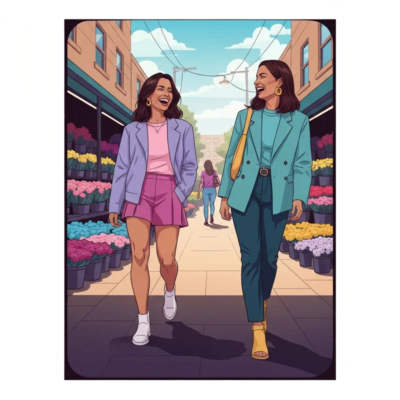 Two best friends laughing during a high-energy best friend photoshoot in an urban setting.