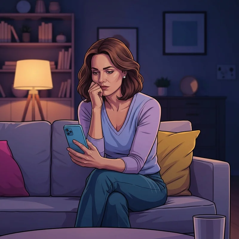 A young woman scrolling through the reddit friends of the pod community on her phone at night.