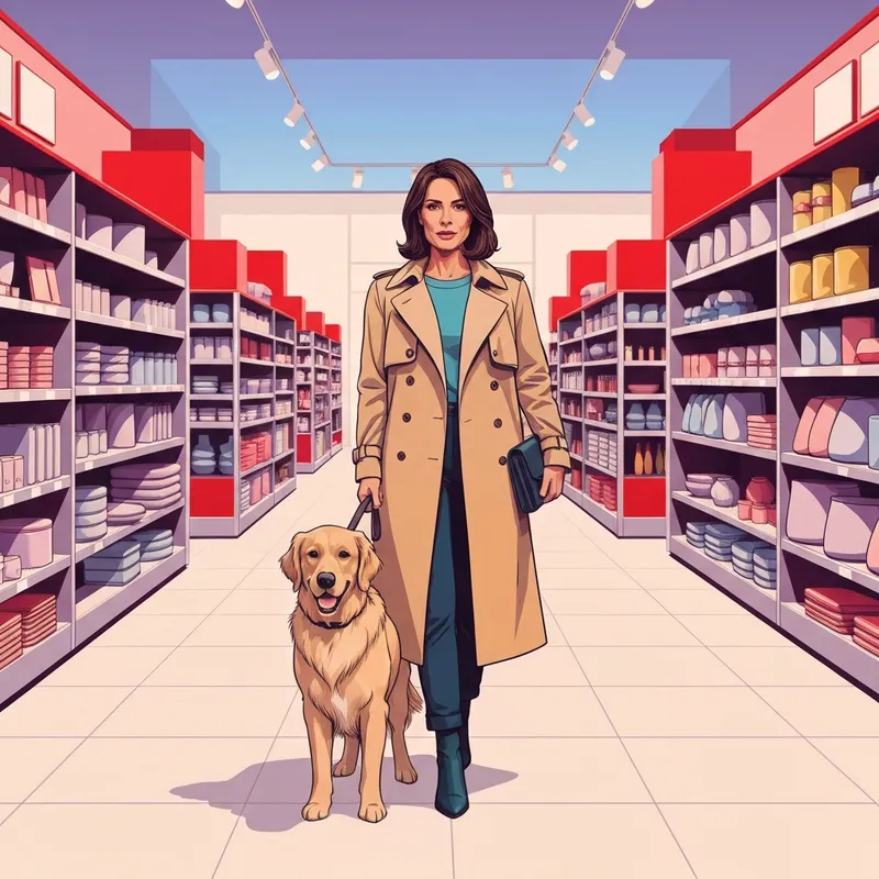 A stylish pet parent and her Golden Retriever exploring a store, wondering is TJ Maxx dog friendly for their shopping trip.