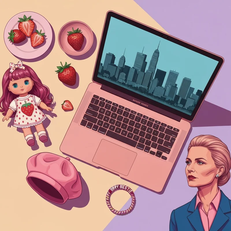 A nostalgic flat-lay featuring friends strawberry shortcake memorabilia and modern career accessories.